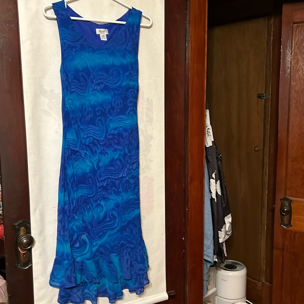 Vintage Dorman Fashion 100% Silk royal blue Abstract Dress, Sz Medium
